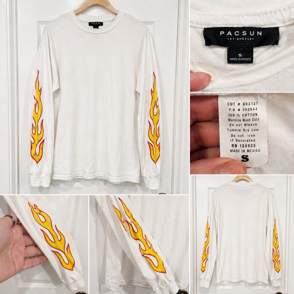 PacSun Flame Graphic Long Sleeve T-Shirt Small White Skater Streetwear Tee